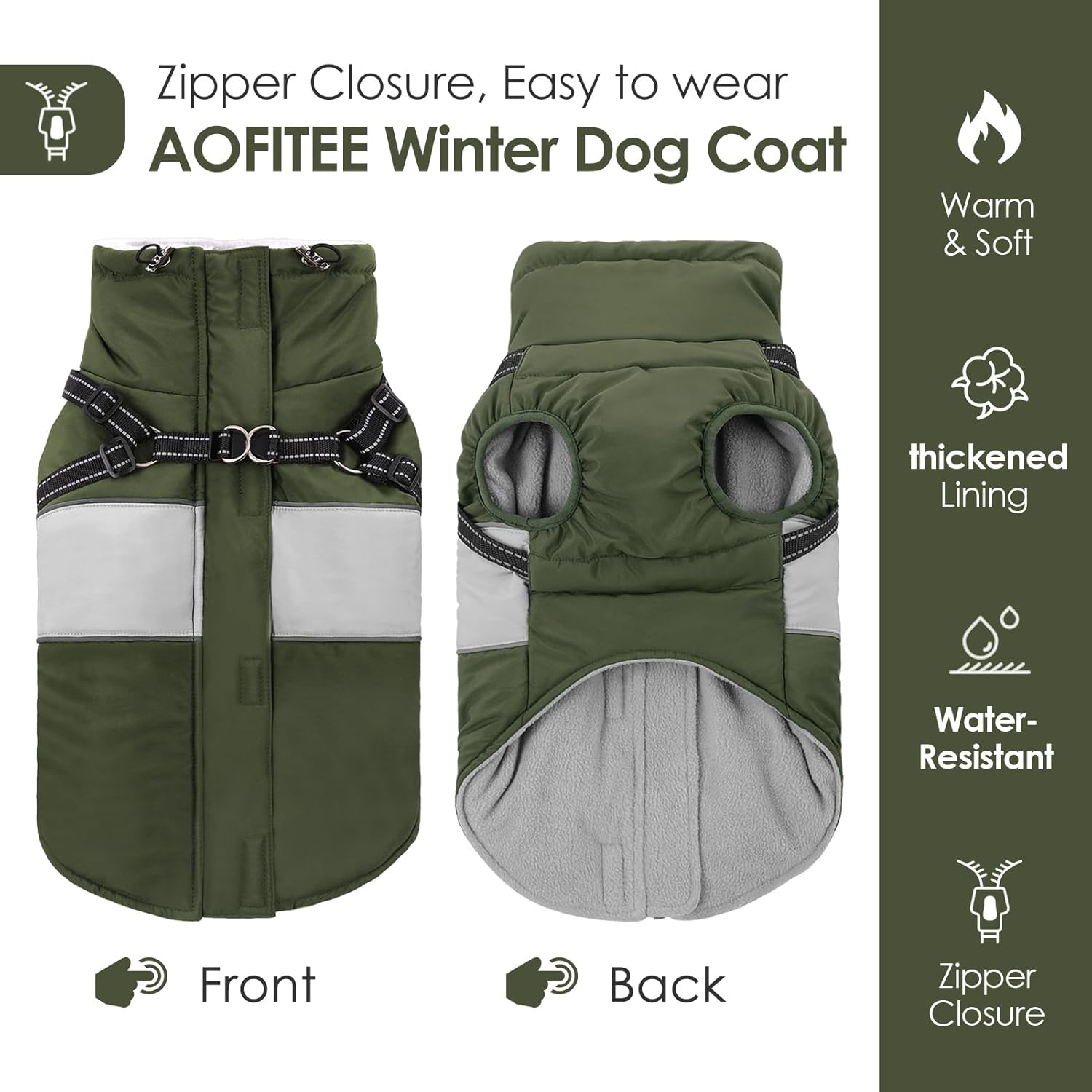AOFITEE Dog Coat, Large Dog Jacket, Dogs Coat with Harness Built in, Reflective Waterproof Dogs Jackets Winter with Furry Collar, Warm Polar Fleece Pet Sweater Snowsuit for Doberman, Great Dane, XXL