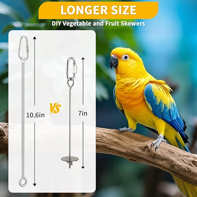 3 Pcs Bird Food Holder for Cage, Parrot Food Treat Skewer Hanging Fruit Vegetable, Stainless Steel Bird Foraging Toy for Cockatiel Parakeet Budgie Macaw Small Animals Feeder -Silvery, 3 Pcs