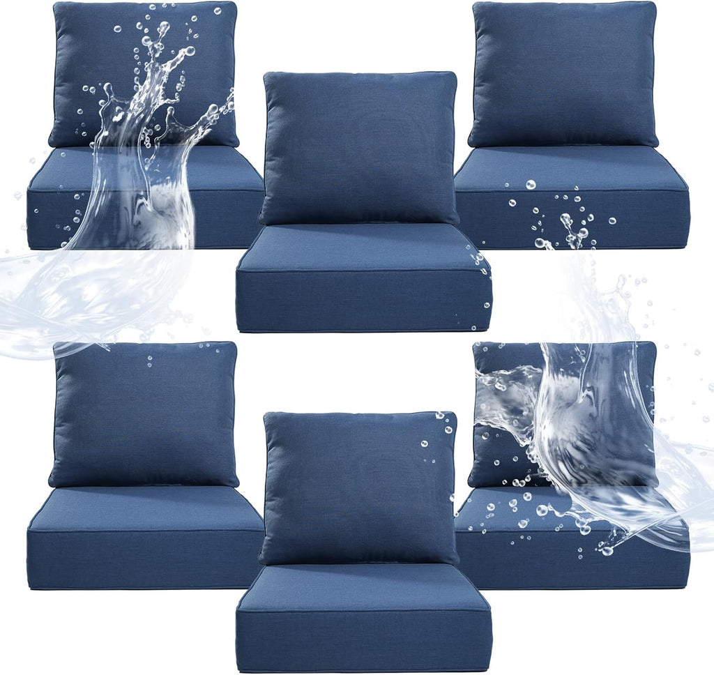 6" Thicker Outdoor Chair Cushion 6 Sets - 24" *24" *6" Waterproof Patio Furniture Cushions with Removable Cover, 28D High Density Sponge Filling Thicken Outdoor Patio Cushions - Blue
