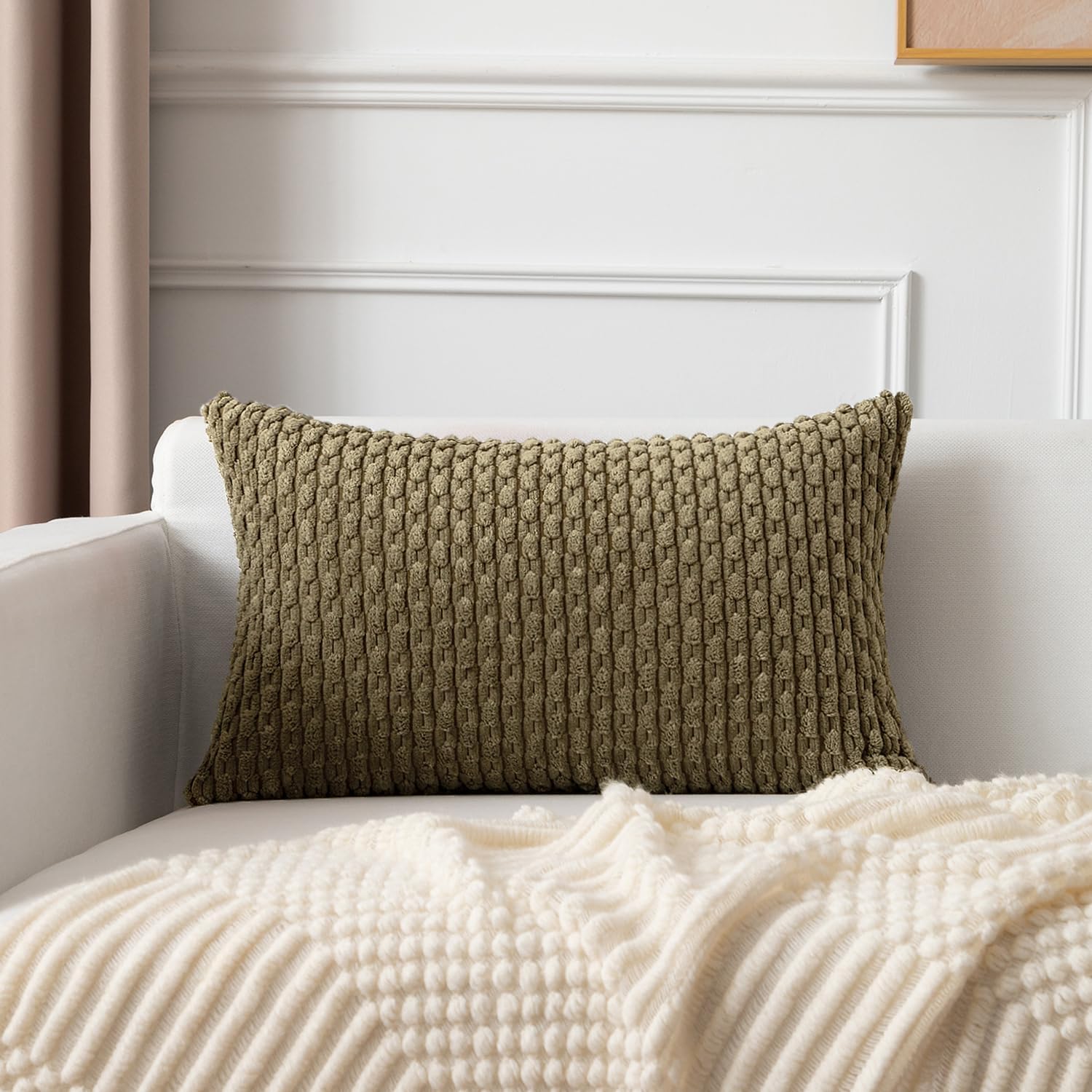 Kevin Textile 12x24 Inch Pillow Cover 1 Pack Boho Decorative Soft Striped Corduroy Lumbar Farmhouse Color Accent Rectangle Cushion Case for Living Room Couch Sofa Bed, Olive Green