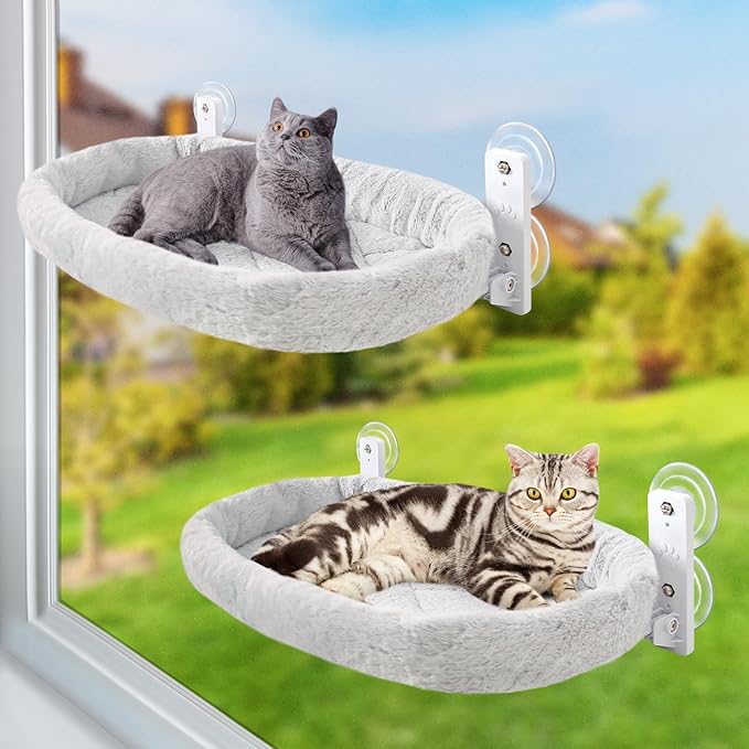 Sunhoo 2PCS Cat Window Perch Hammock Cordless Kitty Sunny Bed Seat Window Sill Shelf for Inside Cats Foldable Lounger with 4 Strong Suction Cups Soft Plush Cover 21 * 11.8 in Holds up to 40lbs (Grey)