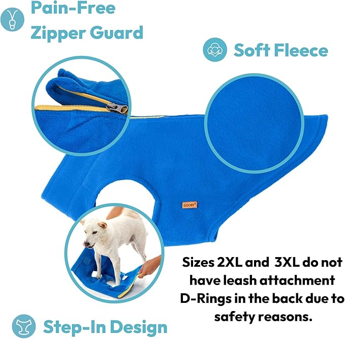 Gooby Zip Up Fleece Dog Sweater - Blue, 2X-Large - Warm Pullover Fleece Step-in Dog Jacket Without Ring Leash for Small to Medium Dogs