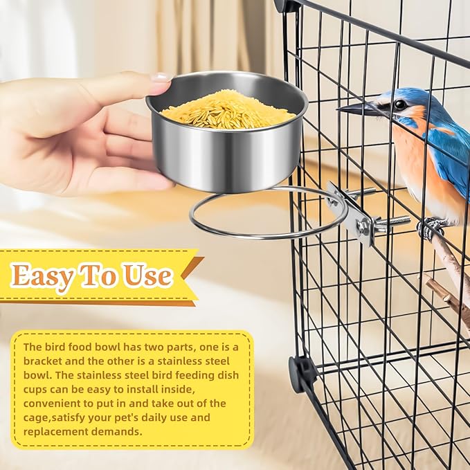 MotBach 3 Pack Bird Feeding Bowls Cups Parrot Food Water Dishes, Stainless Steel Bird Bowl Cup Dish with Clamp, Birdcage Feeder Pet Cage Bowls for Parrot Cockatiel Budgie Conure Parakeet Small Animal
