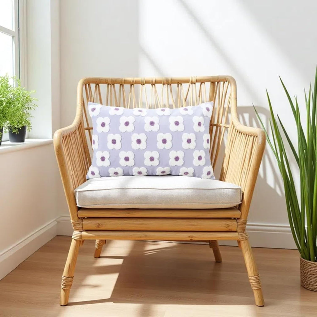 DECOBIRD Embroidery Throw Pillow Cover 12x20 Light Purple Floral Design Home Decor Loop Embroidered Pillow Case Thick Cotton Canvas Square Cushion Cover for Couch 30x50cm, 4 Petal Flowers 1 Piece