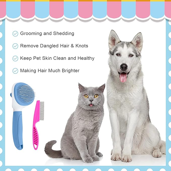 Self Cleaning Slicker Brush, Cat Brushes for Indoor Cats with Metal Comb, Dogs Cats Hair Brushes for Shedding, Pet Kitten Grooming Tool with Release Button for Long or Short Hair by KALAMANDA(Blue)