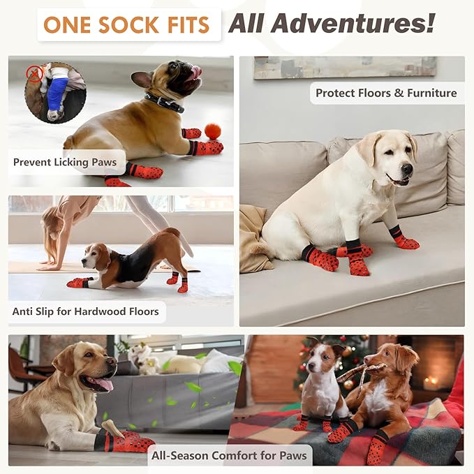 Non Slip Dog Socks to Prevent Licking Paws Grippy Socks for Senior Dog on Hardwood Floors Anti Slip Dog Socks for Christmas Holiday Double Side Paw Protector Prevent Scratching Red L