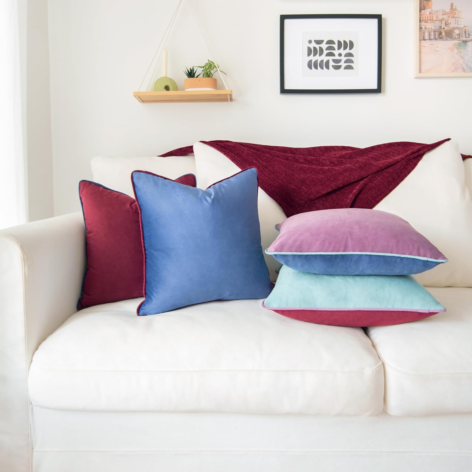 MONDAY MOOSE Decorative Throw Pillow Covers Cushion Cases, Set of 4 Soft Velvet Modern Double-Sided Designs, Mix and Match for Home Decor, Pillow Inserts Not Included (22x22 inch, Purple/Blue)