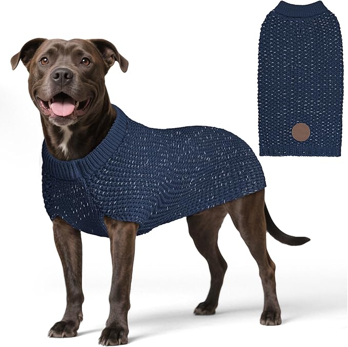 KYEESE Dog Sweater with Leash Hole Warm Pullover with Reflective Yarn for Small and Medium Dogs Male Soft Knit Pullover Boy Dog Coats Cozy Lightweight Thick Sweater,Navy Blue,Large