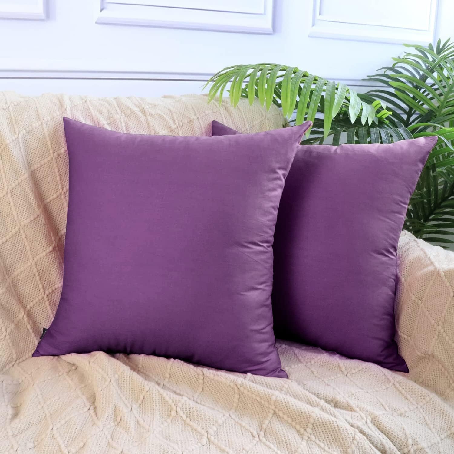 Thmyo 4-Pack 100% Cotton Comfortable Solid Decorative Throw Pillow Case, Square Cushion Cover Pillowcase Sublimation Blank Pillow Covers DIY Throw Pillowcase for Sofa(18x18 inch/ 45x45cm,Purple)