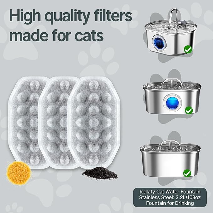 32 Pcs Cat Water Fountain Filters,16 Pack Cat Water Fountain Replacement Filters & 16 Pack Pre-Filter Sponges,Pet Fountain Filter Replacement for 3.2L/108oz Stainless Steel Fountain