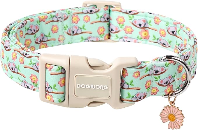DOGWONG Summer Koala Dog Collar, Green Pink Flower Dog Collars, Adjustable Cute Pet Collars Boy Girl Design Dog Collar for Small Medium Large Dogs