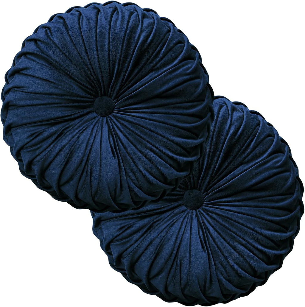 2 Pcs Round Throw Pillows Decorative Pumpkin Velvet Boho Pleated Bed Pillows Back Support for Couch Chair Dorm Car 14.96'' (Navy Blue)