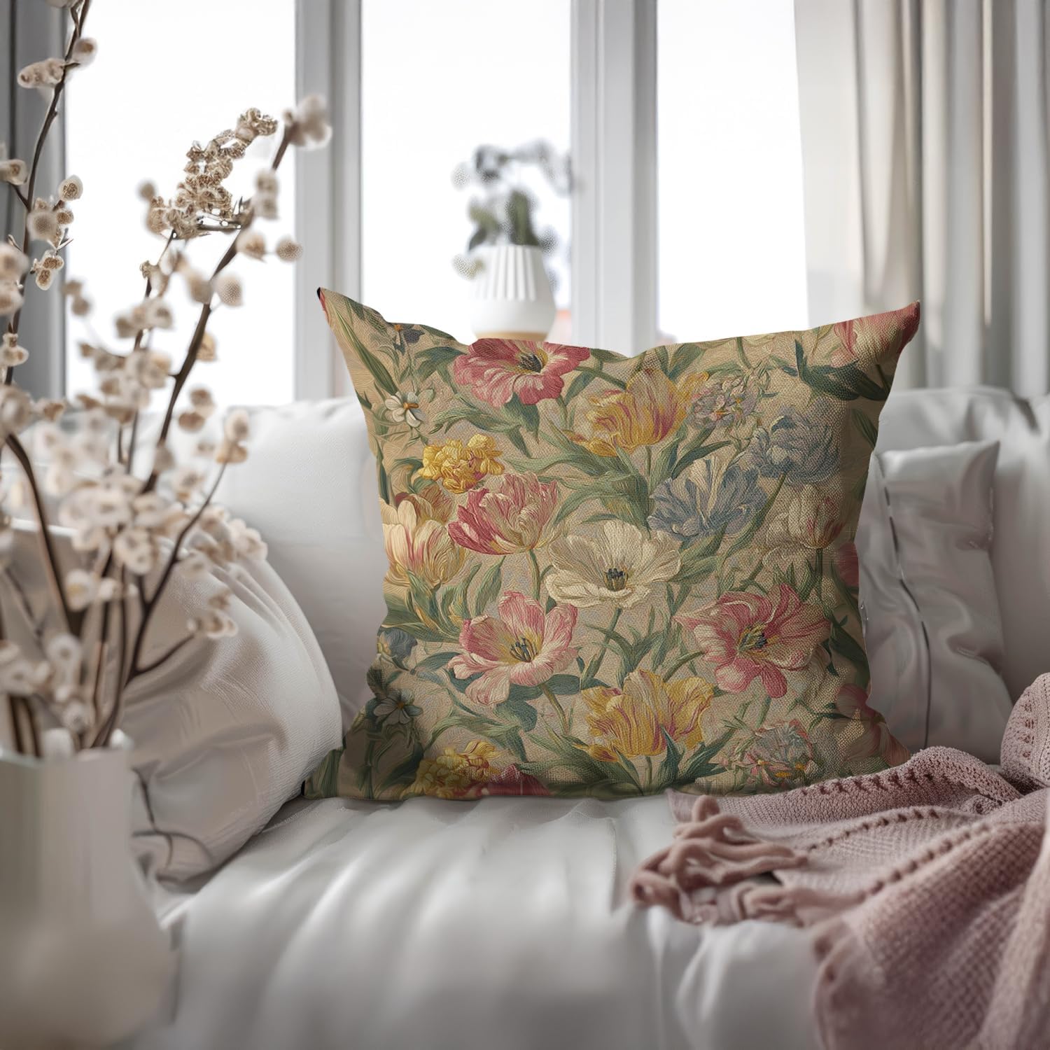 Bohemian Pillow Covers | Vintage Floral & Carpet Design | Double Sided Blue White Decorative Pillowcases for Couch, Bed | Indoor Outdoor Boho Home Decor (White&Pink, 18x18inches)