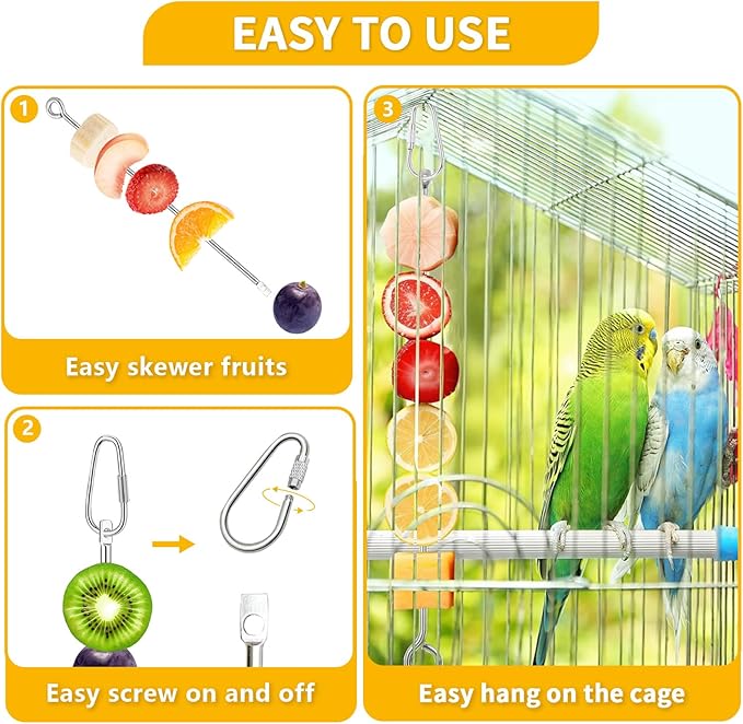 3 Pcs Bird Food Holder for Cage, Parrot Food Treat Skewer Hanging Fruit Vegetable, Stainless Steel Bird Foraging Toy for Cockatiel Parakeet Budgie Macaw Small Animals Feeder -Silvery, 3 Pcs