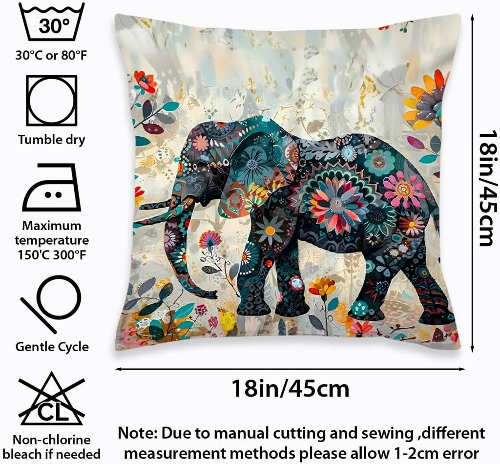 2 Pcs Elephant Throw Pillow Cover, Ethnic Style Bohemian Pattern Creative Animal Elephant Decorative Pillow Case Home Decor Square Cushion Cover for Bedroom Living Room Office Home Decor