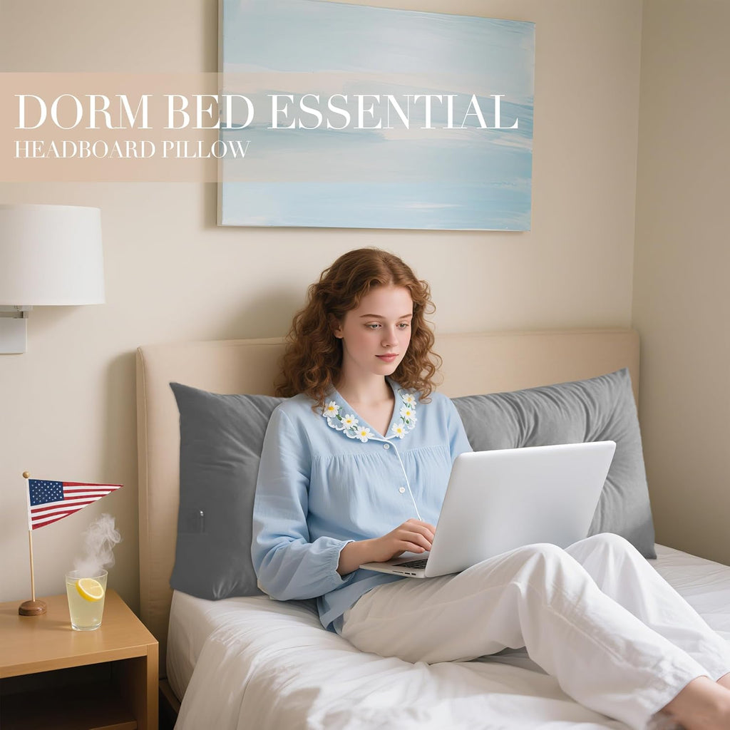 Queen Size Headboard Pillow Wedge Long Backrest Positioning Support for Sitting up Sleeping in Daybed Sofa Couch Wedge Bed Gap Filler Rest Large Reading Pillow with Side Pocket Bolster Cushion