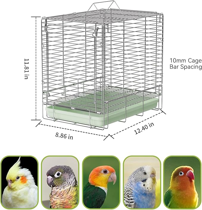 Bird Carrier Travel Cage - 304 Stainless Steel Portable Folding Bird Travel Cage with Parrot Feeder Cups & Standing Perch for Smaller Birds Conures Lovebird Cockatiel Parakeets (Green)
