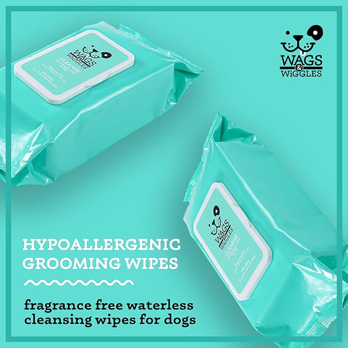 Wags & Wiggles Cleanse Hypoallergenic Wipes 100ct | Hypoallergenic Dog Wips 100 Count Package, Fragrance Free | Waterless Bathing to Keep Pets with Sensitive Skin Clean (FF22031)
