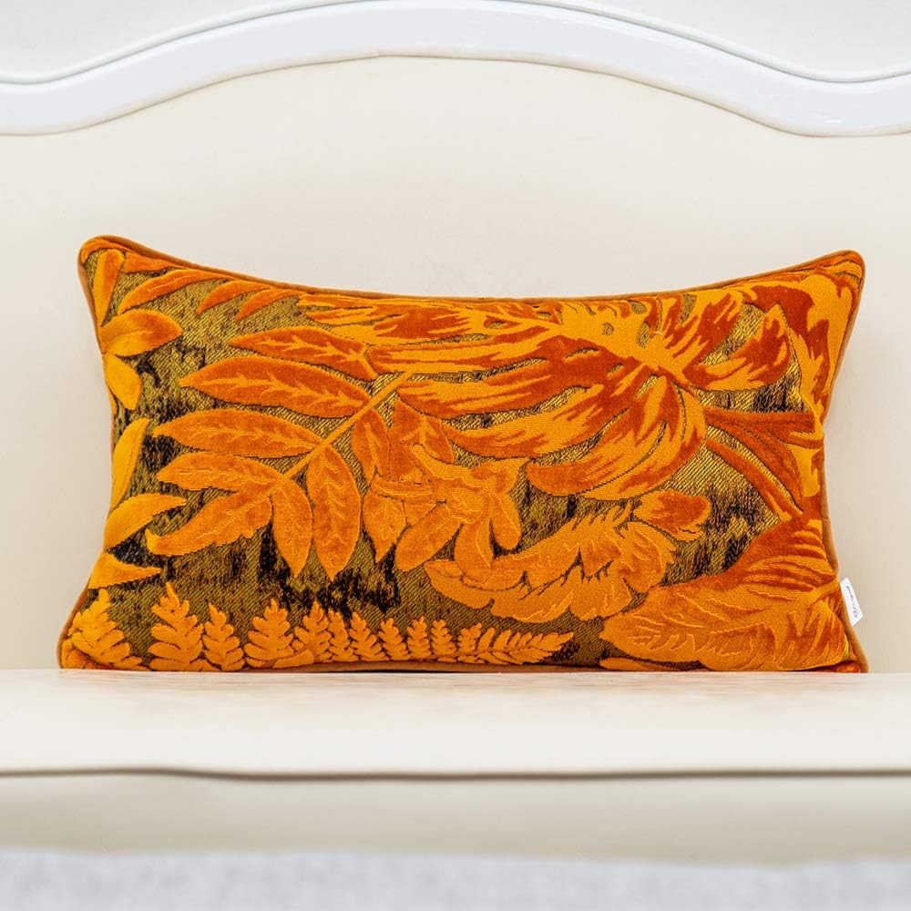Alerfa 12 x 20 Inch Orange Rectangle Maple Leaf Pillow Embroidery Cut Velvet Cushion Case Luxury Modern Lumbar Throw Pillow Cover Decorative Pillow for Couch Sofa Living Room Bedroom Car
