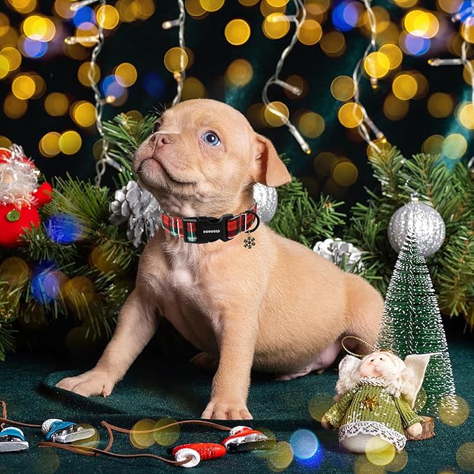 DOGWONG Christmas Plaid Dog Collar- Cute Red Christmas Checked Dog Collars for Small Medium Large Dogs XL