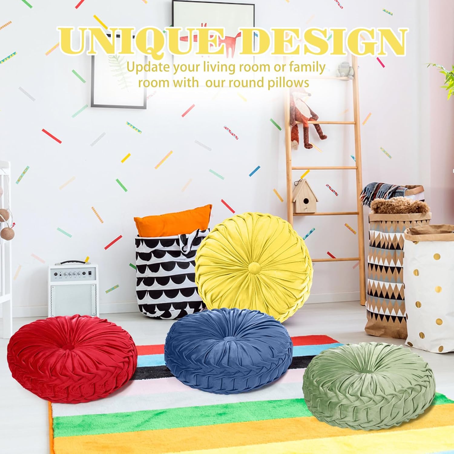 Yerliker 6 Pcs Floor Pillow Cushions 15inch Round Velvet Throw Pillows Colorful Flexible Cushions Alternative Pillows for Couch Chair Living Room Bedroom Home Office Decor(Bright Color)