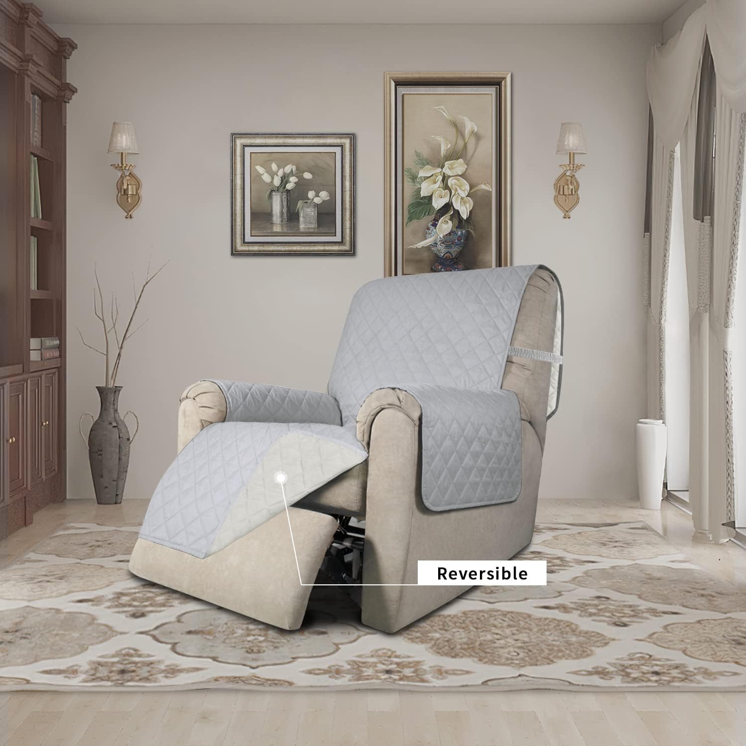 Easy-Going Recliner Chair Slipcover Reversible Sofa Cover Water Resistant Couch Cover Furniture Protector with Elastic Straps for Pets Dog (Recliner 22 inch, Light Gray/Ivory)