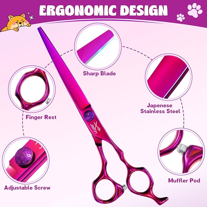 JASON Purple 6 in 1 Dog Grooming Scissors Set - Professional Thinner Set - 7" Thinning, Straight, Up-Curved, Down-Curved Scissors and Comb for Dog Cat Pet with Adjustable Screw