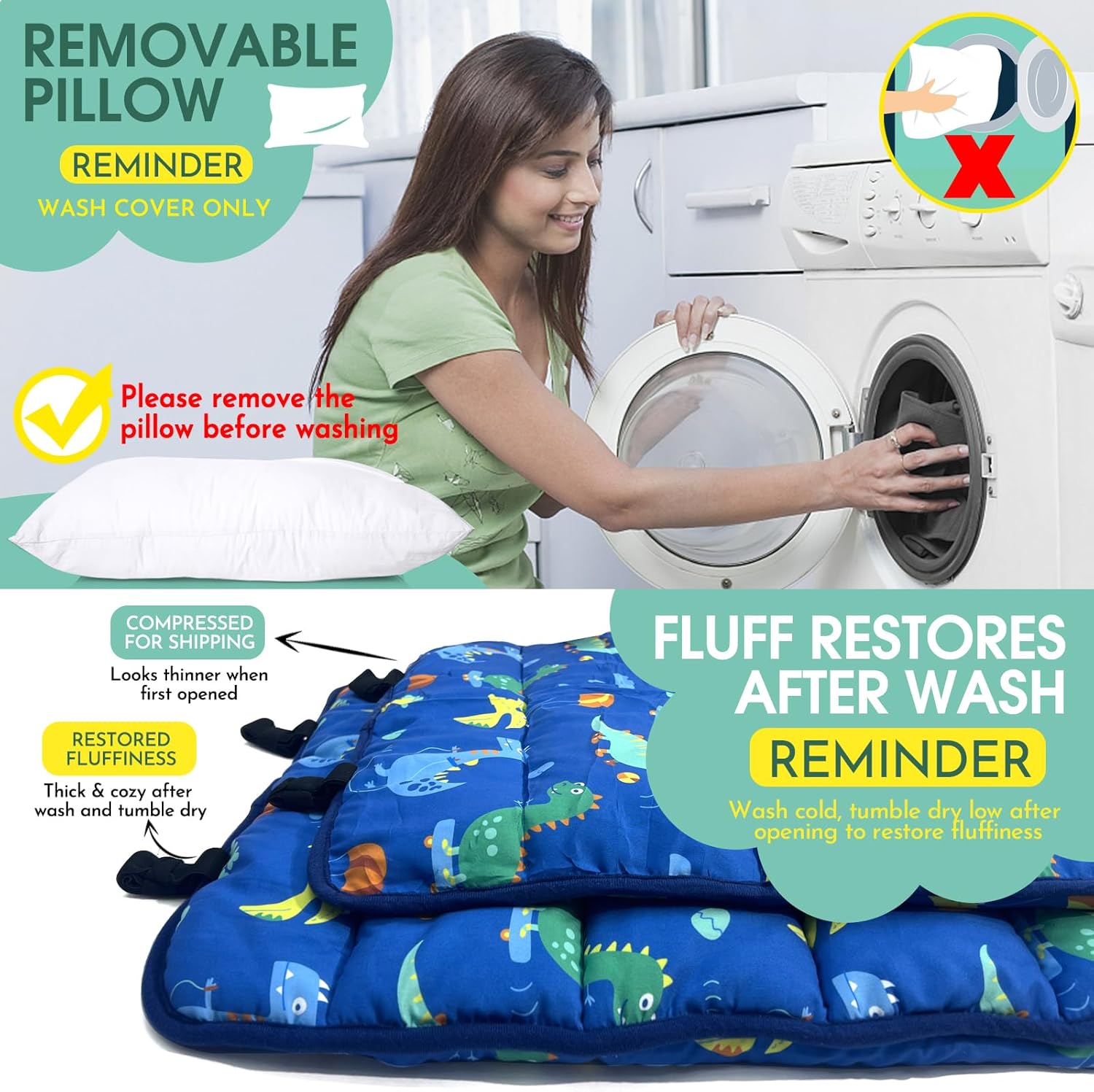 ACRABROS Toddler Nap Mat with Pillow and Blanket, Extra Large Rolled Napping Mats,Slumber Bags for Boys Girls,Kids Sleeping Bag for Daycare, Preschool Travel Camping, Dinosaur