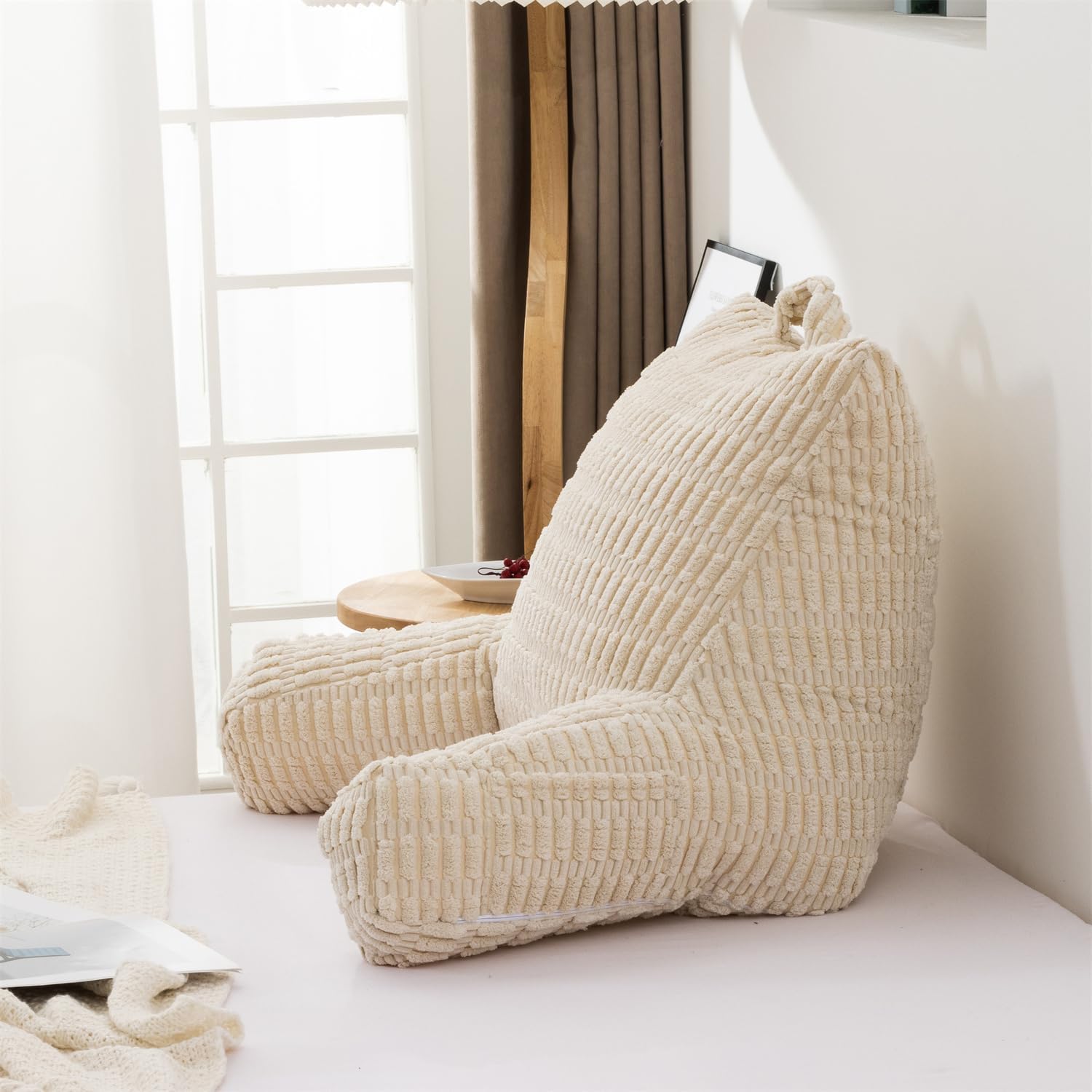 Holawakaka Adults Reading Pillow with Arms,Backrest Reading & Rest Pillows for Sitting Up in Bed, Bed Rest,Lounging, Working on Laptop,Arms Back Support Cushion for Men Women Teens,Cream