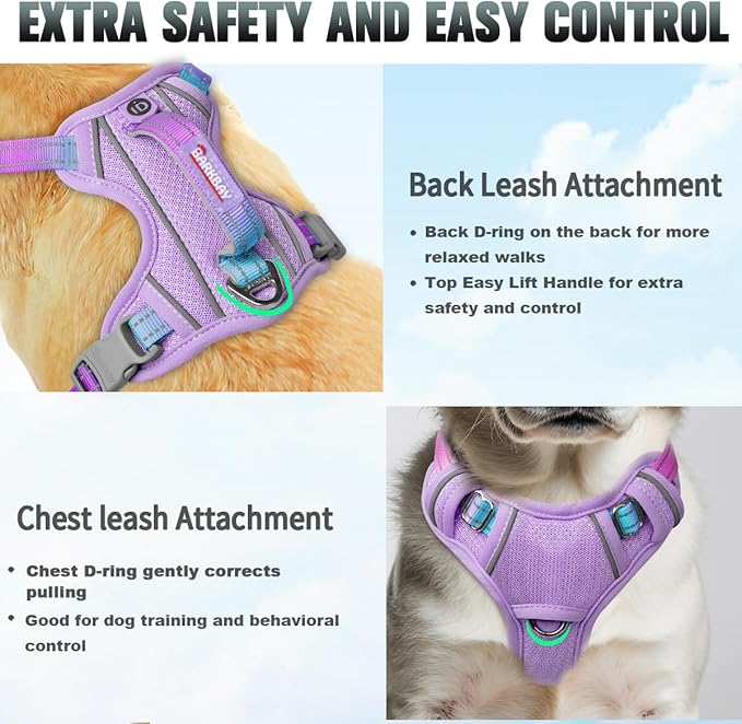 BARKBAY No Pull Dog Harness Large Reflective Dog Harness with Front Clip and Easy Control Handle for Walking Training Running with ID tag Pocket(Lavender Sky,S)