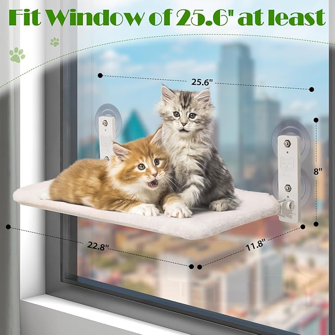 keny Cordless Cat Window Perch, Large Size Hammock with 4 Strong Suction Cups, Cat Hammock for Window with Two Fabrics Cover, Foldable Bed for Cats, White