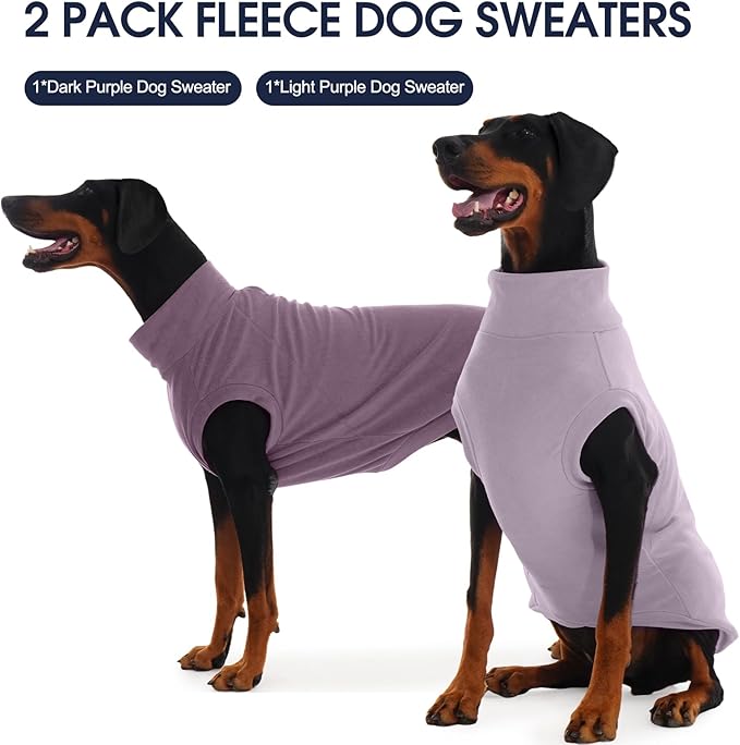 IECOii 2 Pack Fleece Dog Sweater - Warm & Soft, Stretchy Dogs Fleece Sweaters for Small Breeds Boy Girl, Thermal Coat for Fall & Winter Indoor Outdoor(Size M,Dark Purple & Light Purple)