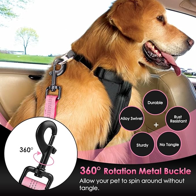 SlowTon Dog Seat Belt, Adjustable Dog Safety Belt Leash, 2 in 1 Latch Bar Attachment Dog Car Seatbelt with Elastic Nylon Bungee Buffer, Reflective Nylon Belt Tether(Pink,35.5in)