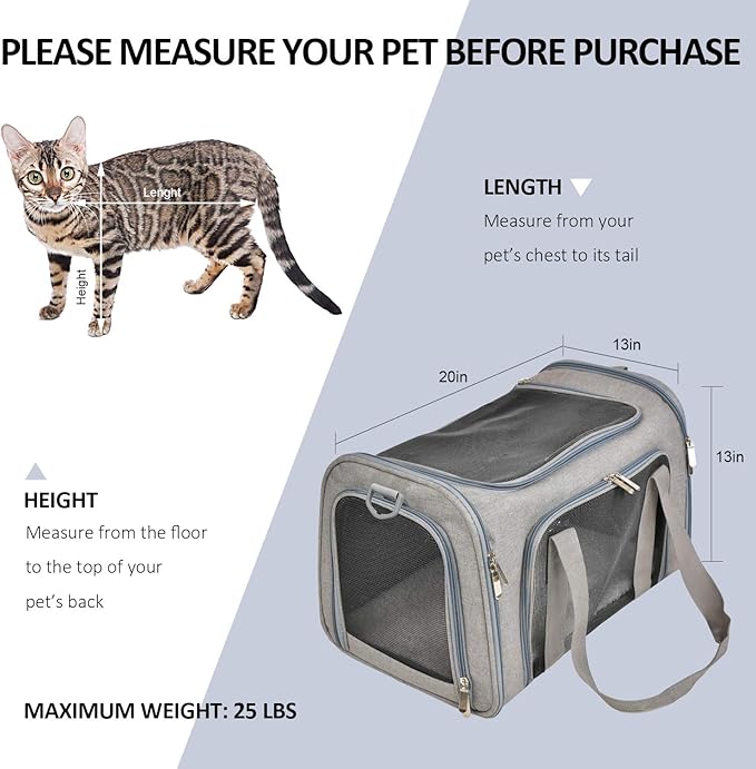 Large Cat Carriers Dog Carrier Pet Carrier for Cats Dogs Puppies up to 25Lbs, Big Dog Carrier Soft Sided, Travel Puppy Carrier - Large - Grey