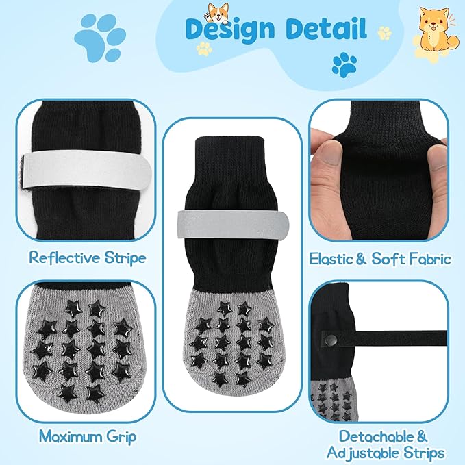 HeavenEye Dog Socks for Hardwood Floors, Anti Slip Dog Paw Protectors Shoes, Maximum Grip Prevent Licking Paws Slipping Hot Cold Pavement Boots for Small Medium Large Senior Dogs(Black Star, L)