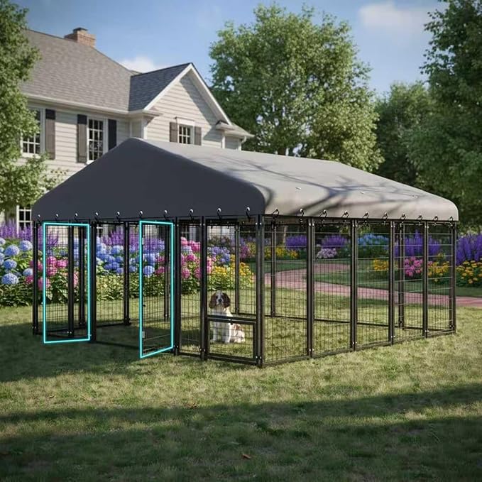 10' x 10' Large Outdoor Dog Kennel with Double Swing Doors, Heavy-Duty Dog Cage with Feeding Panel, Weatherproof Roof, Secure Fence Playpen for Large Dogs, Easy Assembly