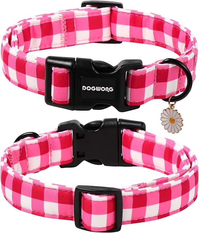 DOGWONG Pink Plaid Dog Collar- Cute Pink Checkered Dog Collar Girl Feamle Dogs Collars for Small Medium Large Dogs L