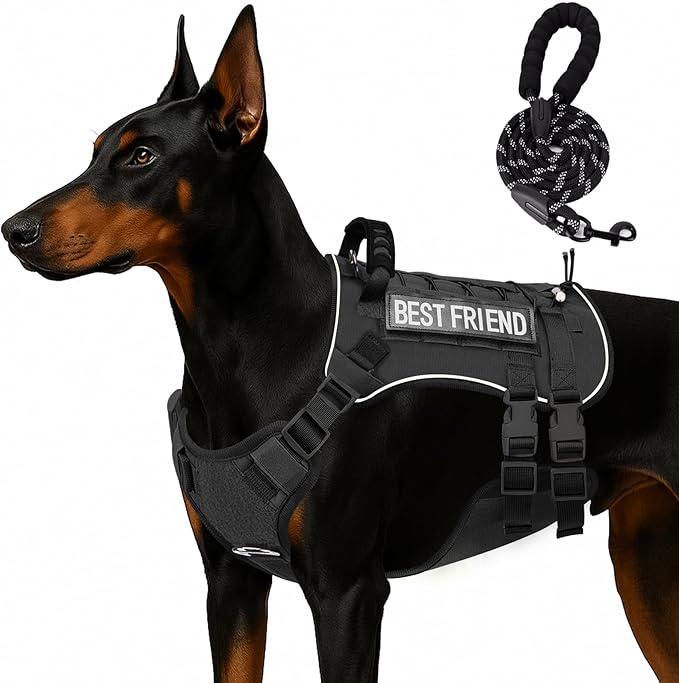 Tactical Dog Harness for Dogs,Tactical Vest and Leash Set,Patches,Adjustable and Reflective Military Pet Harness for Training,Black XL