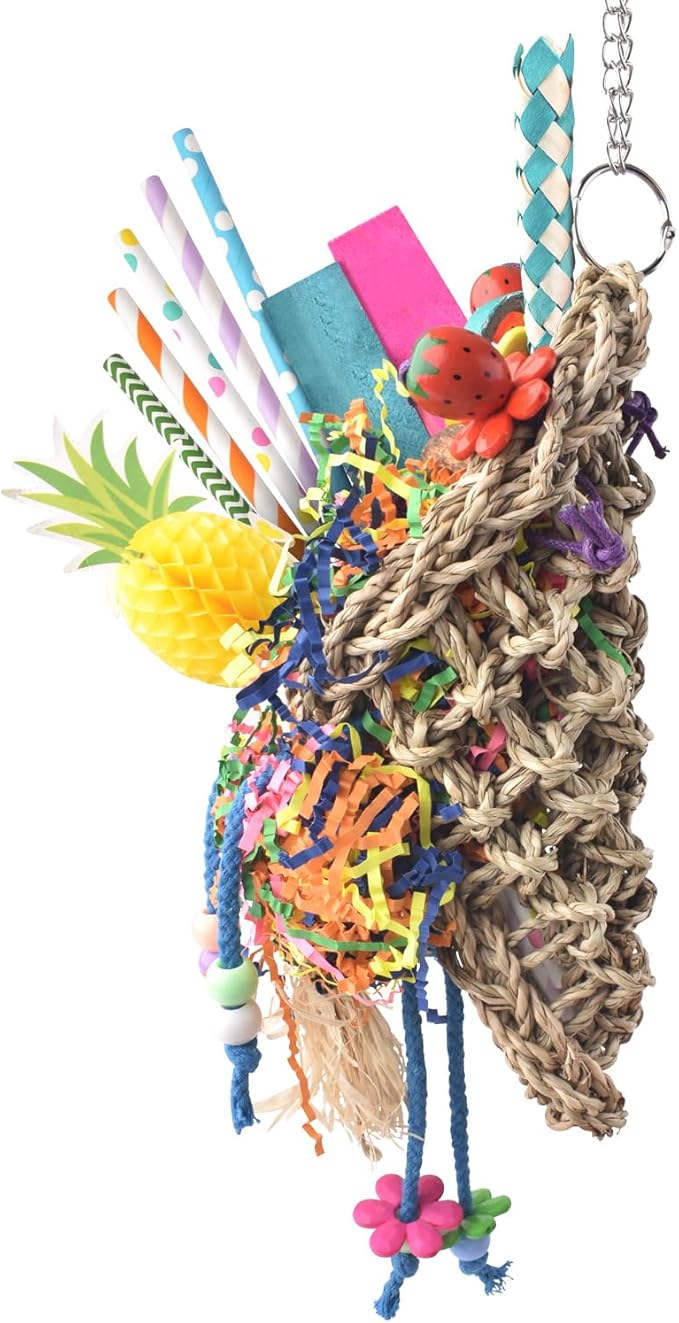 KATUMO Seagrass Basket Bird Toy with Array of Chewable Parrot Foraging Toys for Small Medium Parrot Birds
