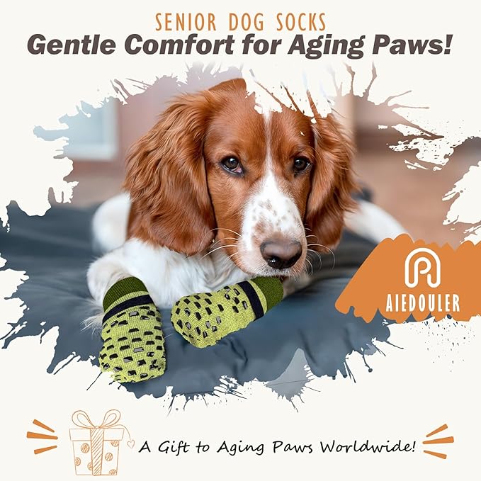 Non Slip Dog Socks to Prevent Licking Paws Grippy Socks for Senior Dog on Hardwood Floors Anti Slip Dog Socks for Christmas Holiday Double Side Paw Protector Prevent Scratching Green L