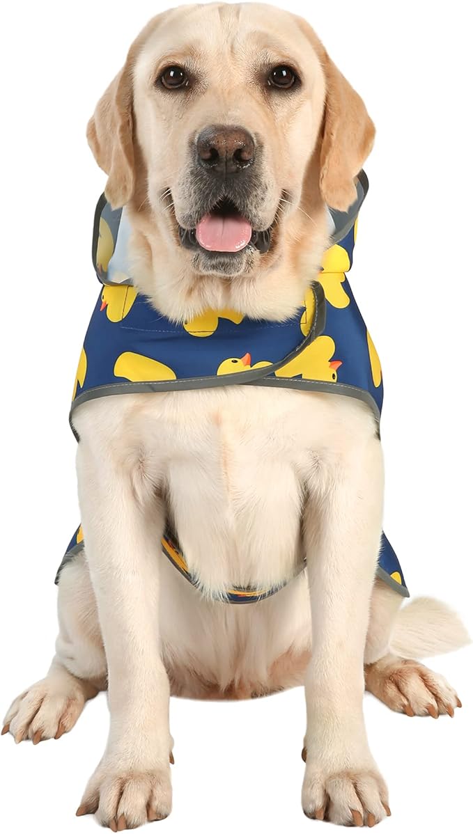 Dog Rain Coat for Large Dogs Waterproof Hooded Rain Jacket with Reflective Strips Leash Hole & Poncho Adjustable Fit (Duck,XXL)