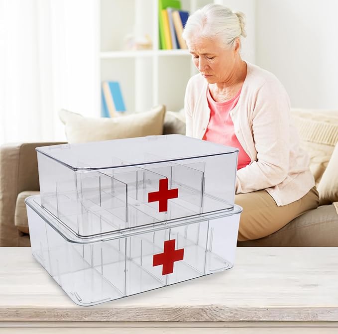 2 Pack First Aid Box, Acrylic Medicine Kit Case Organizer Empty, Divided Medicine Box First Aid Storage Box Kit with Hinge Lid, Emergency Supplies Storage Box for Home Office (Clear)