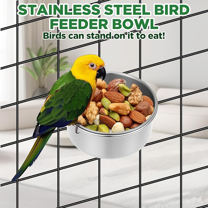 4pcs Medium Stainless Steel Bird Bowls,Bird Water Bowl with Clamp Holder,Parrot Food Bowl Parrot Cage Coop Feeders for Cockatiel Parakeet Macaw Finches Lovebirds Small Animals
