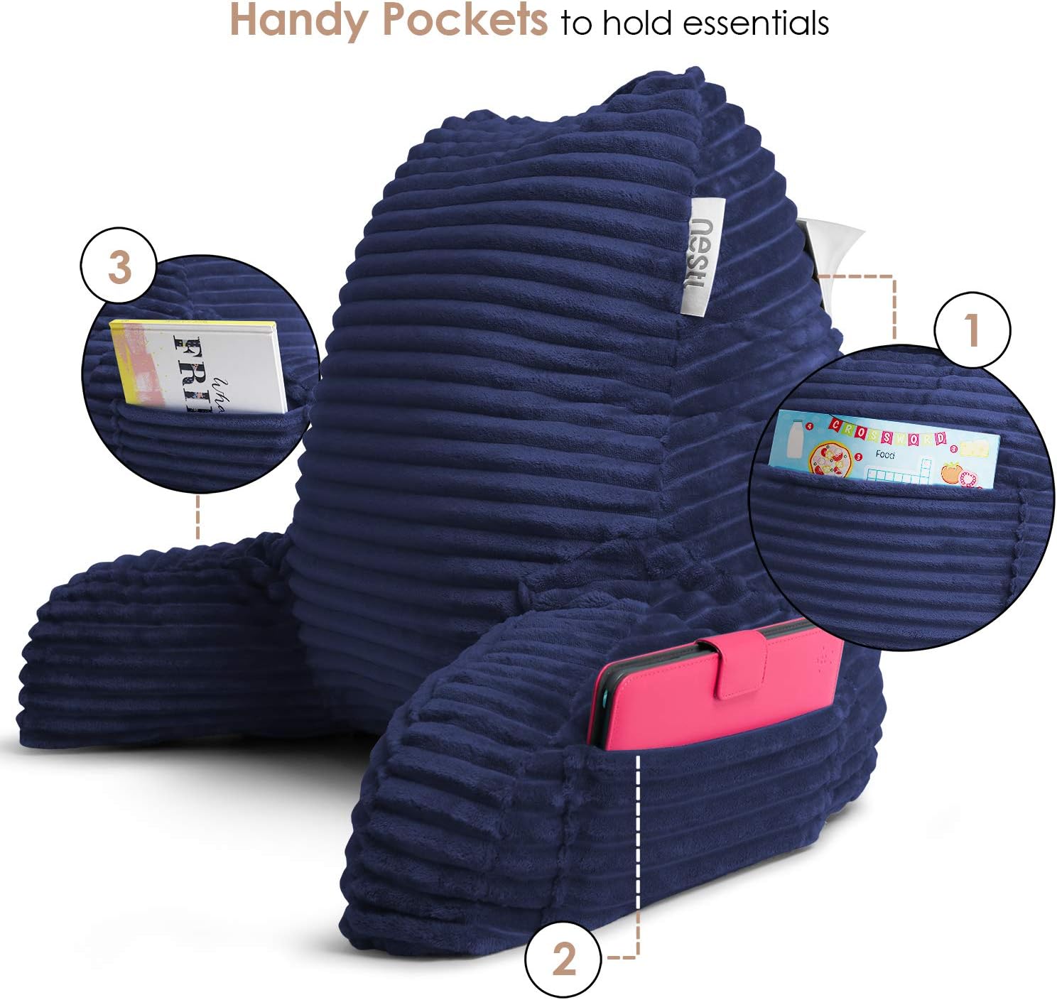 Hearth & Harbor Reading Pillow for Bed Adult – Back Pillow for Sitting in Bed, Standard Bed Pillows for Sitting Up in Bed, Foam Bed Chair Pillow, Navy Bed Rest Pillow