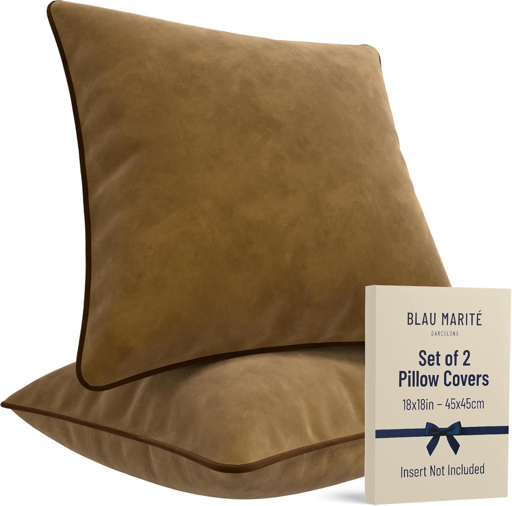 2 Pack Velvet Decorative Throw Pillow Covers, 18"x18", Camel and Brown, Solid, Modern, Contrast Piping, Indoor Use, Bedroom & Living Room