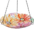 VCUTEKA Hanging Bird Bath, Glass Bird Baths for Outdoors Birdfeeder with 21 inch Rust-Proof Chain for Garden Yard Decor, Flower