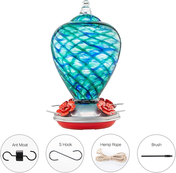 Hummingbird Feeders, 34OZ Hand Blown Glass Hummingbird Feeder for Outdoors Hanging with Ant MoatHooks, Perfect for Gardening Yard Patio Decor Gifts (Blue Mermaid)