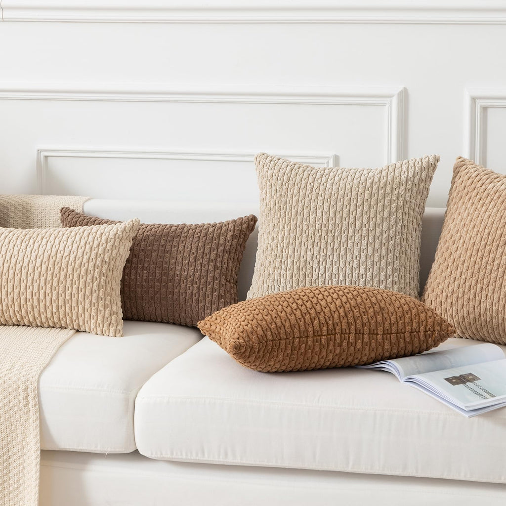 Kevin Textile 14x22 Inch Pillow Cover 1 Pack Boho Decorative Soft Striped Corduroy Lumbar Farmhouse Solid Color Accent Rectangle Cushion Case for Living Room Couch Sofa Bed, Beige