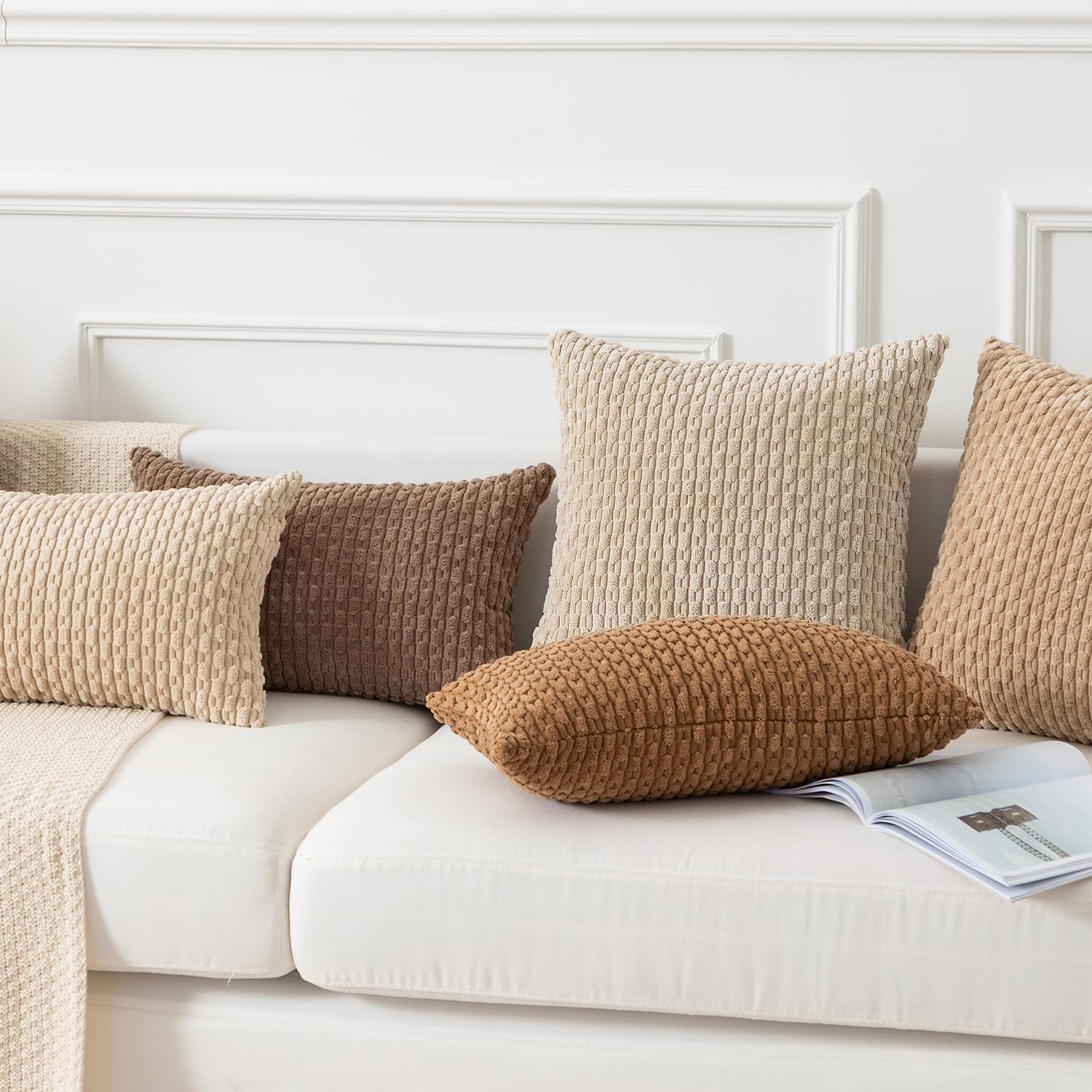 Kevin Textile 14x22 Inch Pillow Cover 1 Pack Boho Decorative Soft Striped Corduroy Lumbar Farmhouse Solid Color Accent Rectangle Cushion Case for Living Room Couch Sofa Bed, Beige