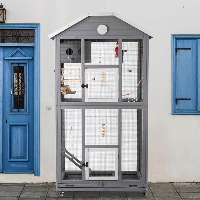 65in Outdoor Bird Aviary with Wheels,Wooden Bird Cage Indoor Finches Cage Flight cage Wire Mesh,Easy Clean Tray Perches Nest Feeder